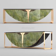 two side tables with green leaf designs on the top and bottom, one in gold