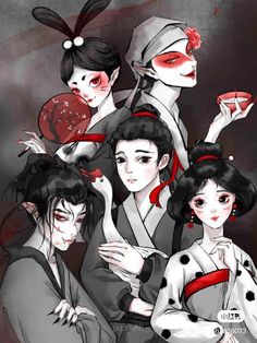 some geisha girls with red eyes and black hair