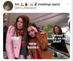 two women standing next to each other in front of an escalator with the caption me new books on my shelf