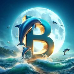 the letter b is surrounded by dolphins in front of a full moon and blue ocean