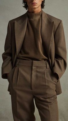 Man is wearing a tan two piece suit with a tan turtleneck. Men Formal Outfit, Dapper Gentleman Style, Brown Suit, Formal Men Outfit, Classy Outfits Men, Mens Casual Dress Outfits, Men Stylish Dress, Guys Clothing Styles, Mens Outfit Inspiration