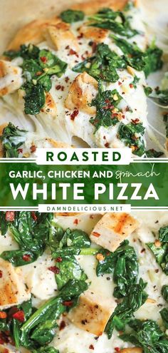 ROASTED GARLIC, CHICKEN AND SPINACH WHITE PIZZA White Chicken Pizza, White Sauce Pizza, Ricotta Chicken, White Pizza Sauce, White Pizza Recipes, Chicken Pizza Recipes, Spinach Pizza, Roasted Garlic Chicken, Chicken And Spinach