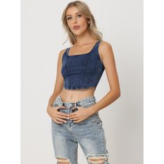 This slim-fit cami is made of comfortable and breathable denim fabric to allow you to relax your body freely. A square neck and crop design can show off your perfect slim figure, making the tank top a versatile piece to pair with anything. Special asymmetrical hem with high-low design to easily show out your slender waistline and your curve. This corset crop top can be worn alone or layered with other tops, making it perfect for pairing with cargo pants, sweatpants, jeans, shorts, casual pants, Fitted Cropped Tank Top In Medium Wash, Sleeveless Denim Blue Summer Crop Top, Sleeveless Denim Blue Crop Top For Summer, Trendy Sleeveless Denim Crop Top, Trendy Sleeveless Medium Wash Crop Top, Trendy Medium Wash Sleeveless Crop Top, Sleeveless Denim Blue Crop Top, Denim Blue Cropped Tank Top For Spring, Denim Blue Cropped Tank Top