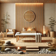 a spa room with bamboo walls and stone steps