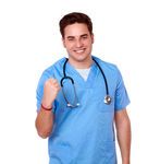 a man in scrubs and a stethoscope giving the peace sign