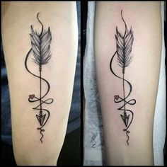 two tattoos with arrows and hearts on them