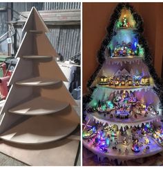 there are two different christmas trees made out of cardboard and one is decorated with lights