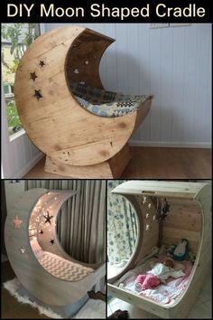 the moon shaped cradle is made out of wood