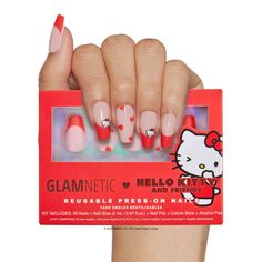 PRICES MAY VARY. High-Quality Press-On Nail Kit: All Glamnetic Press-On Nail Sets offer high-quality salon style and feature protective UV coating, to ensure your nails will never break or split! Red French Tip Hello Kitty Graphic Nails - offered in a short coffin shape, this charming nail set features cherry-red french tips, with accent nails adorned in the cutest heart designs, and a peekaboo Hello Kitty graphic for some extra adorableness. Reusable With Up To 2 Weeks Per Wear - High-quality i Graphic Nails, French Tip Short, Hello Kitty Nail Polish, Acrylic Nail Designs Classy, Red French Tip, Acrylic Nail Designs Coffin, 30 Nails, Xmas Wishlist, Hello Kitty Makeup