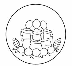 a black and white drawing of three people sitting on top of each other in a circle