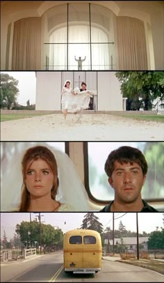 the wedding scene is shown in four different pictures, including an old yellow truck and a bride