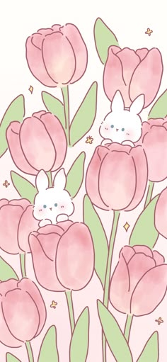 some pink tulips with two rabbits in the middle