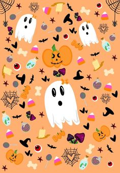 an orange background with halloween decorations and ghost faces on it's sides, including pumpkins, bats, spider webs, and more