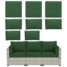 a set of couches and pillows on a white background with green cushions in the shape of rectangles