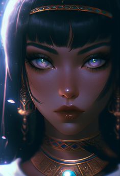 an egyptian woman with blue eyes and gold jewelry on her neck is staring into the distance