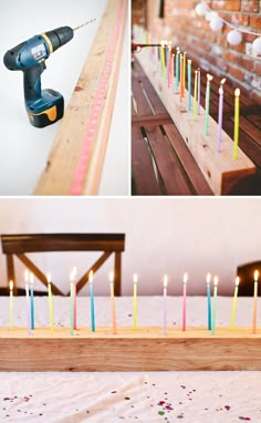 several different pictures with candles on them and a cordless driller in the middle