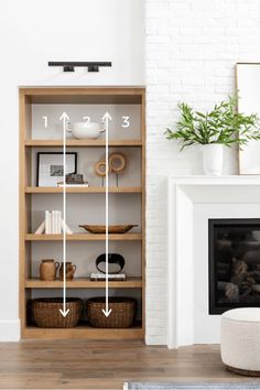 a living room with a fireplace and shelves