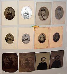 an assortment of old photographs hanging on a wall