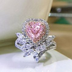 Pink Diamond Halo Ring, Pink Heart Rings, Pink Diamonds Engagement, Pink Diamond Engagement Ring, Wedding Band Rings, Pink Engagement Ring, Pink Diamond Ring, Silver Party, Diamond Heart Ring