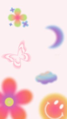 an abstract background with flowers, butterflies and moon's on the left side of the image