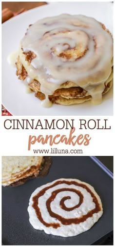 cinnamon roll pancakes with icing on top and an image of the pancakes