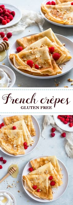 french crepes on plates with raspberries and honey