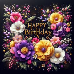 a happy birthday card with flowers and sparkles on the black background for someone's special day