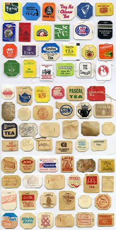 an assortment of different types of labels on a white surface with words written in them