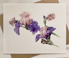 a painting of purple and pink flowers on a white background with watercolor pencils