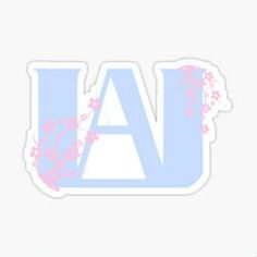 the letter la with pink flowers and leaves on it sticker is shown in light blue