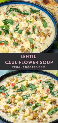 lentil cauliflower soup in a blue bowl