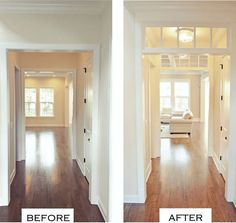 before and after pictures of a home's interior with wood floors, white walls and doors