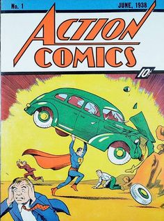 an old comic book cover with a green car being chased by a man in a red cape