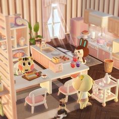 an animated image of a kitchen and dining area with cats eating food from the table