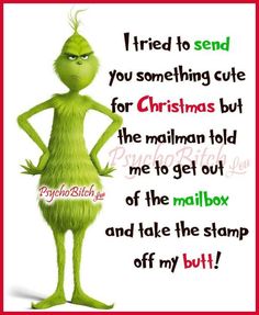 the grinch from the grinch movie is featured in this christmas card with an elf saying