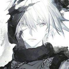 an anime character with white hair wearing a black jacket and scarf, looking at the camera