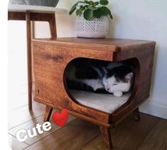 a black and white cat laying in a wooden litter box on top of a table