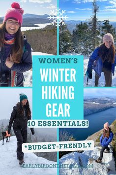 woman smiling and hiking in the snow Hiking Essentials For Women, Hiking In Winter, Winter Trip Packing List, What To Wear Hiking, Hiking Gaiters, Hiking Wear