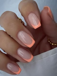 coral french tip square shape Pastel Pink French Nails, Coral Acrylic Nails, Uñas Color Coral, Coral Nails With Design, Coral Nail, Orange Nail, Plain Nails, Coral Nails, Manicure Gel