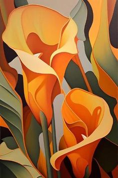 an abstract painting of orange flowers with green leaves