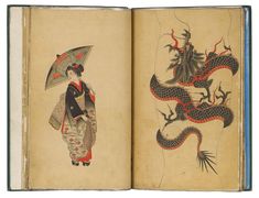 an open book with two drawings of women and dragon on the pages, one is holding an umbrella