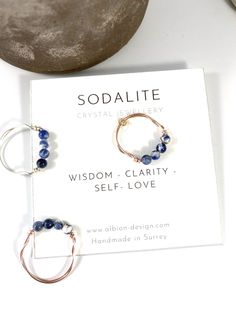 - Description - This handmade ring is made from Sodalite and wire wrapped by hand.   Choose lovely Sodalite for its healing properties of self-love, wisdom and clarity of mind.  The Sodalite is in its natural form, and for this reason it might vary slightly in shape and colour. Made from 4 x 4mm beads in Sodalite. Choose from Rose Gold or Silver wire. Wire - German style wire, treated to be anti-tarnish, high quality silver or rose gold plated wire. Sizing - I try to get as close to the size you have chosen as possible, there might be very small variations in size as they are hand wrapped. Care - try not to get your ring really wet, or exposed to perfumes and highly scented creams. Each one comes on the card shown, carefully wrapped and ready to gift if you choose to. Thank you so much for Crystal Wire Wrapped Ring, Sodalite Crystal, Raw Crystal Ring, German Style, Wire Wrapped Ring, Natural Form, Ring Stacking, Wire Wrapped Rings, Ring Blue