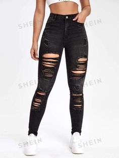 Free Returns ✓ Free Shipping✓. SHEIN EZwear High Waist Ripped Skinny Jeans- Women Jeans at SHEIN. Black Torn Jeans Outfit, Torn Jeans Outfit, Super Ripped Jeans, Surprise Dance Outfits, Black Ripped Leggings, Cabaret Costume, Rip Jeans, Pants Ideas, Cute Ripped Jeans