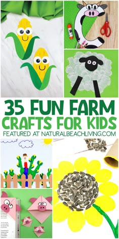 25 fun farm crafts for kids featured at naturalbeachliving com with pictures of farm animals and flowers