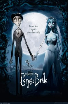 the corpse bride and groom are holding hands in front of a full moon with text that reads, el fadaver de la noya