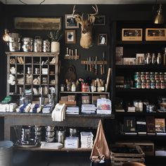 a store with lots of items on the shelves and in front of it is a deer head mounted to the wall