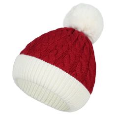 a red and white knitted hat with pom - pom