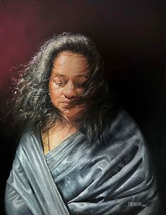 a painting of a woman with her eyes closed and hands folded over her face, in front of a dark background