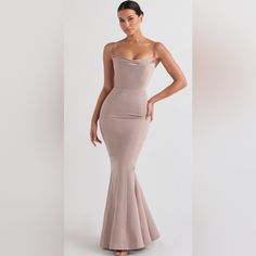 Our 'Violette' Dress Has Been Designed With High Octane Glamour At Its Core. Cut From Our Ultra Luxe And Lustrous Duchess Satin In A Versatile Mushroom Hue, 'Violette' Has A Draped Neckline And Ultra Fitted Corset To Cinch Your Waist. The Fishtail Skirt Is Ultra Flattering To Exaggerate Your Curves As You Walk. 'Violette' Has A Zip To The Back For Easy On As Is Fully Lined For A Smooth And Comfortable Finish. Wear Yours As A Glam Gown To Your Next Formal Or Ball. Team With Our 'Lucent' Mules And House Of Cb Rose Dress, House Of Cb Ivy Dress, House Of Cb Ruffle Dress, Purple House Of Cb Dress, House Of Cb Pietra Dress, House Of Cb Dresses, House Of Cb, Fishtail Skirt, Duchess Satin