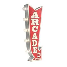 a red and white arrow shaped sign with lights on the side, reading arcade